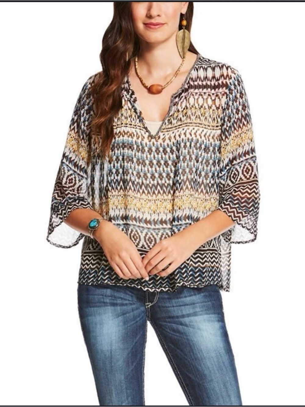 Ariat Sheer Boho Beaded Tunic in Blue, Brown, Cream & Yellow Size L
